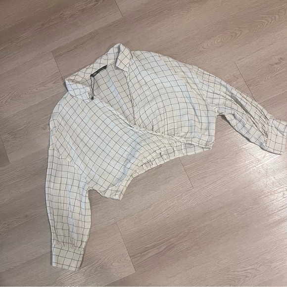 Zara Plaid Cropped Wrap Collar Top Size Large - Picture 10 of 14